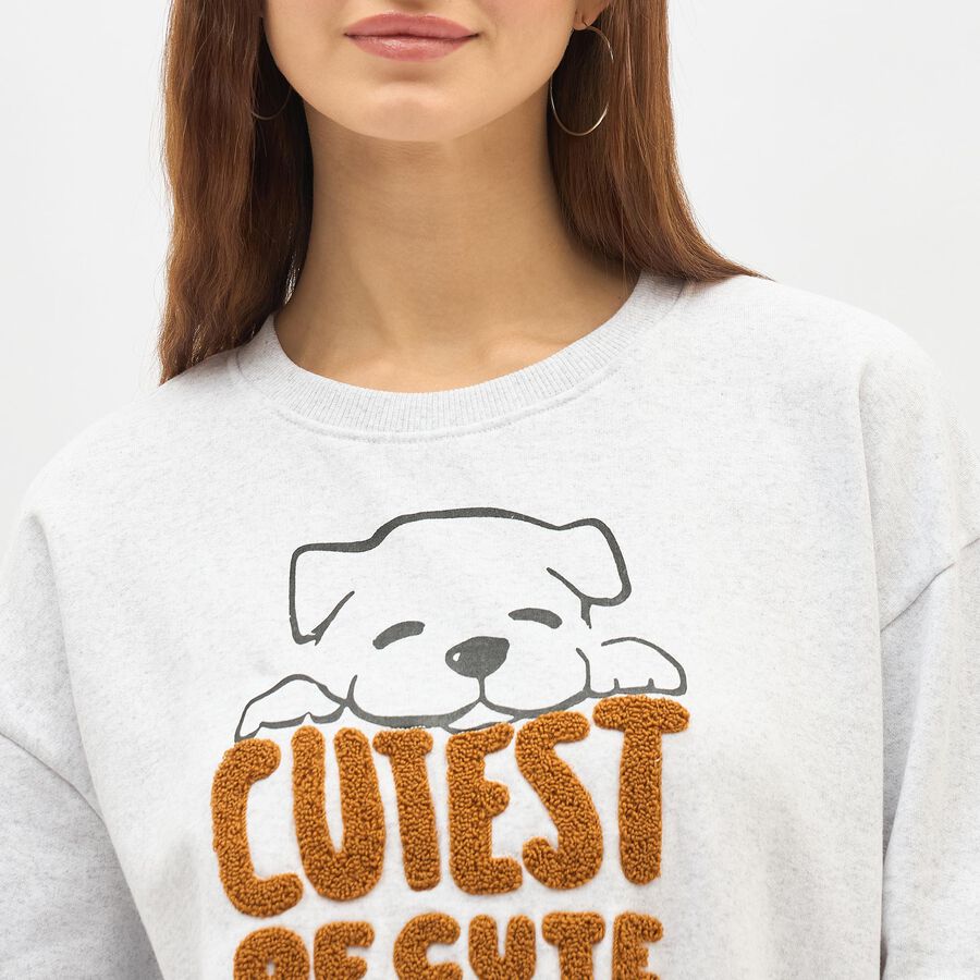 Women's Light Grey Crew Neck Casual Sweatshirt, Melange Light Grey, large image number null