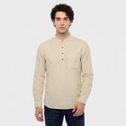 Men's Beige Mandarin Collar Striped Straight Kurta, Beige, small