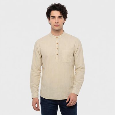 Men's Beige Mandarin Collar Striped Straight Kurta