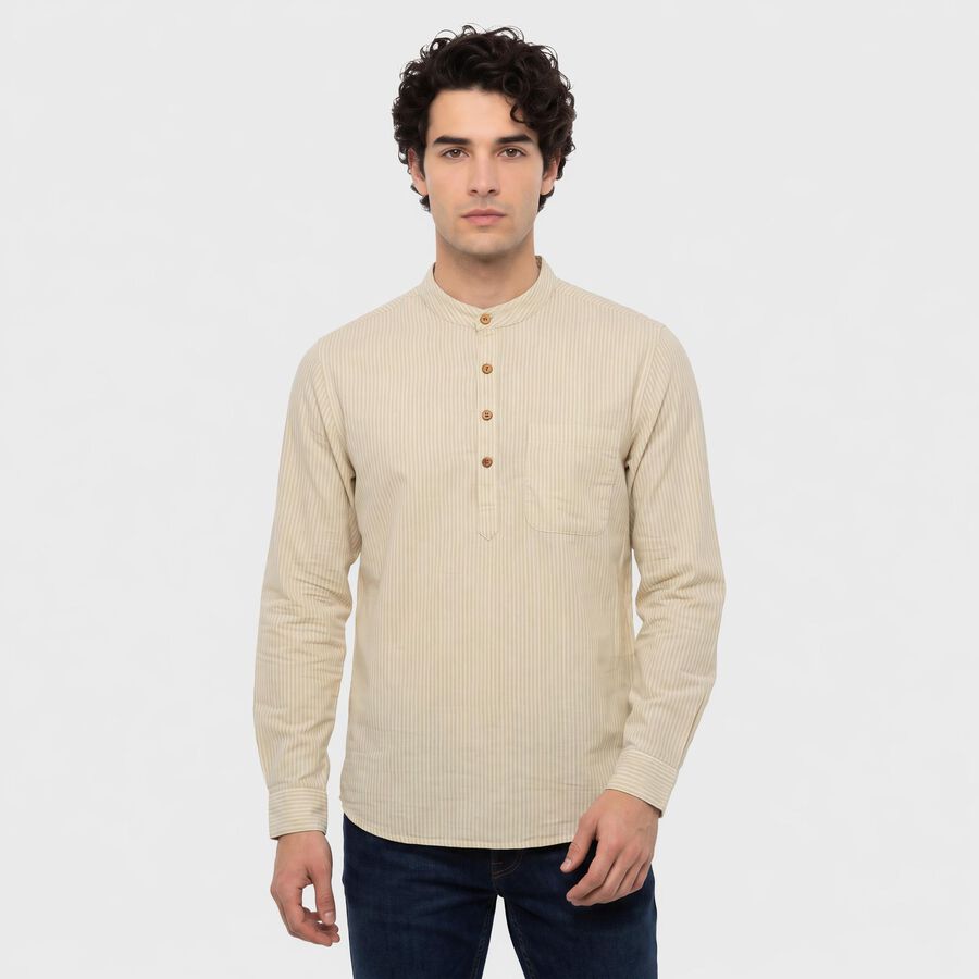Men's Beige Mandarin Collar Striped Straight Kurta, Beige, large