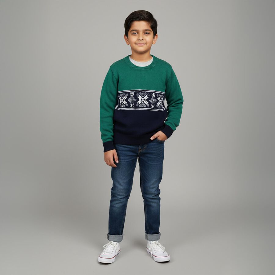 Boys Dark Green and Navy Crew Neck Casual Pullover, गहरा हरा, large image number null