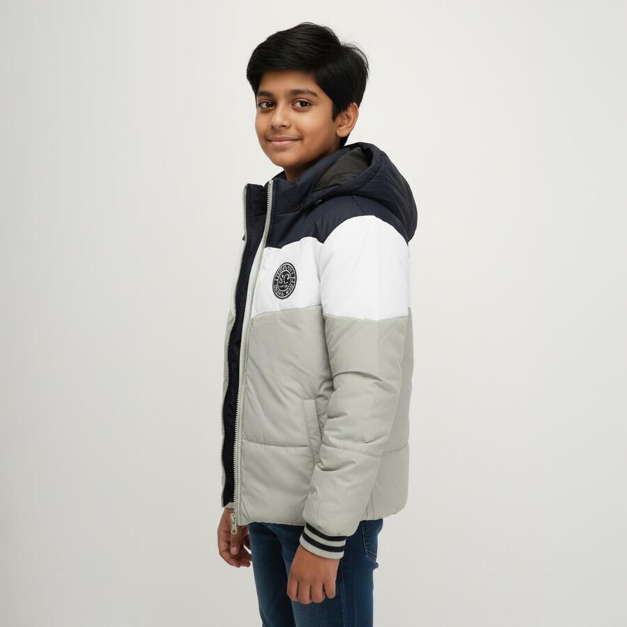 Boys Light Sage Green and Navy Hooded Puffer Jacket, हल्का हरा, large image number null
