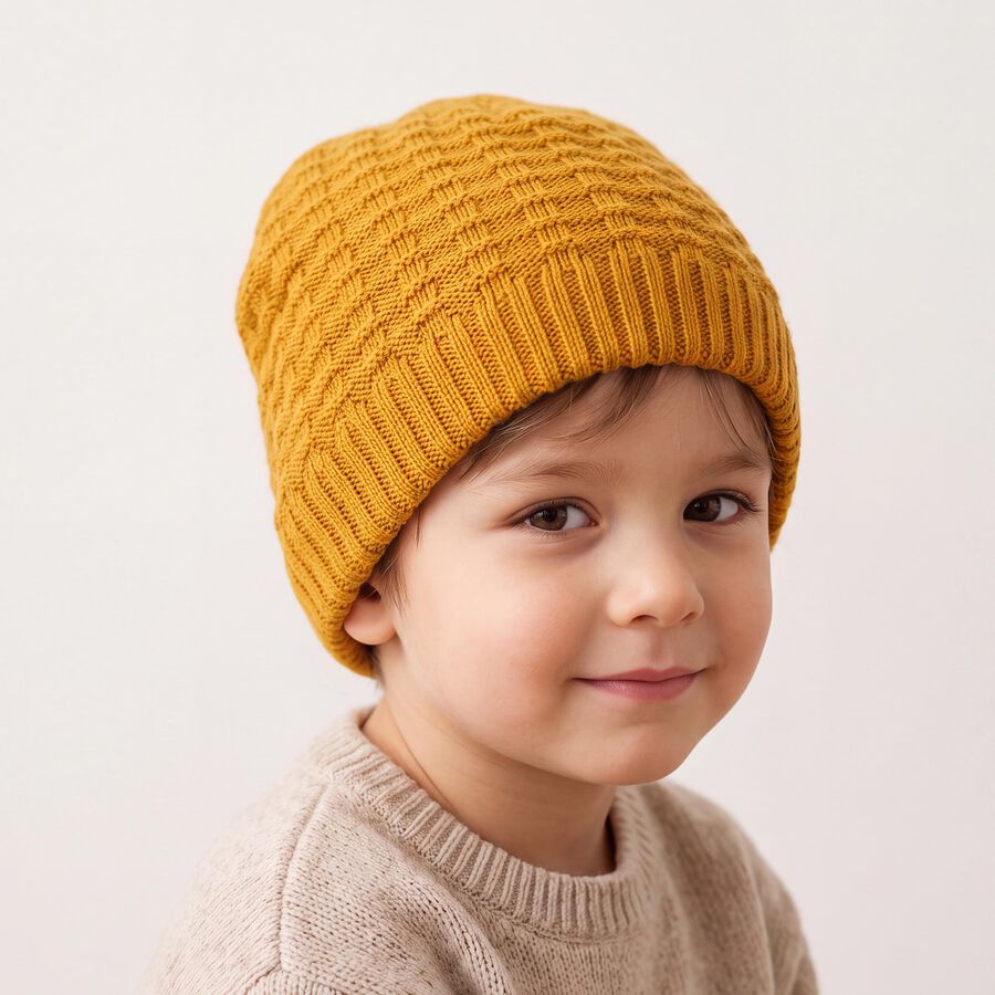 Boys Yellow Textured Knit Beanie Cap, Yellow, large