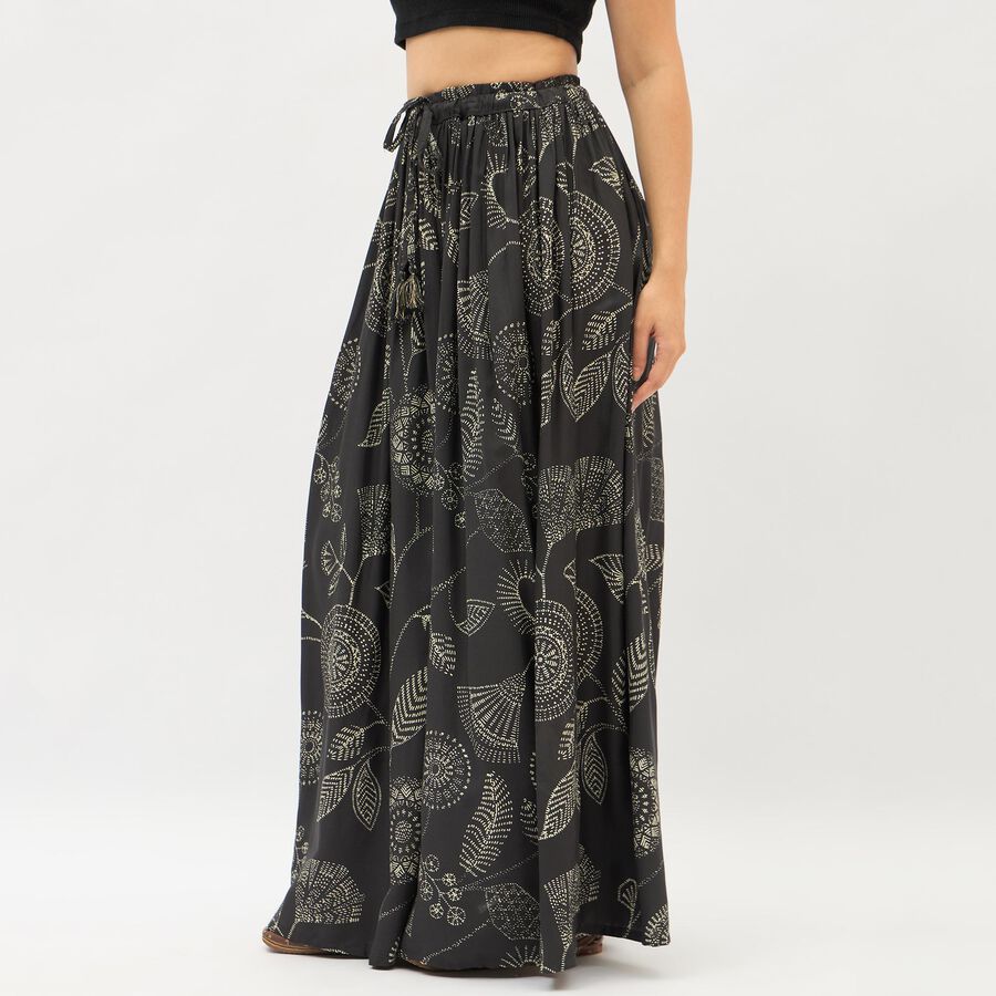 Women's Jet Black Printed Flared Ethnic Maxi Skirt, Light Grey, large image number null