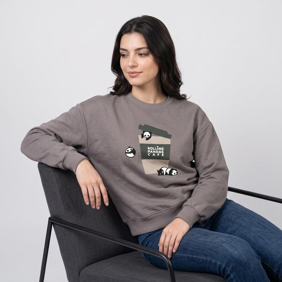 Women Grey Crew Neck Drop Shoulder Sweatshirt, गहरा ग्रे, large