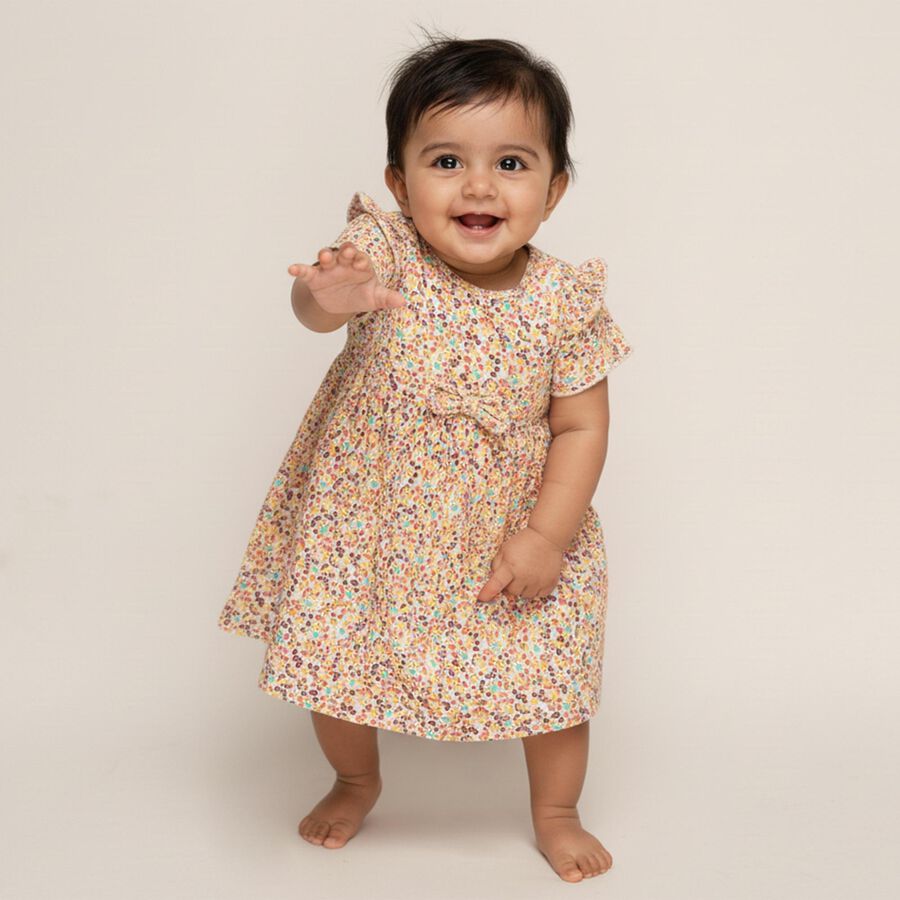 Infants' Pastel Floral Ruffled Sleeve Cotton Frock, ऑफ व्हाइट, large image number null
