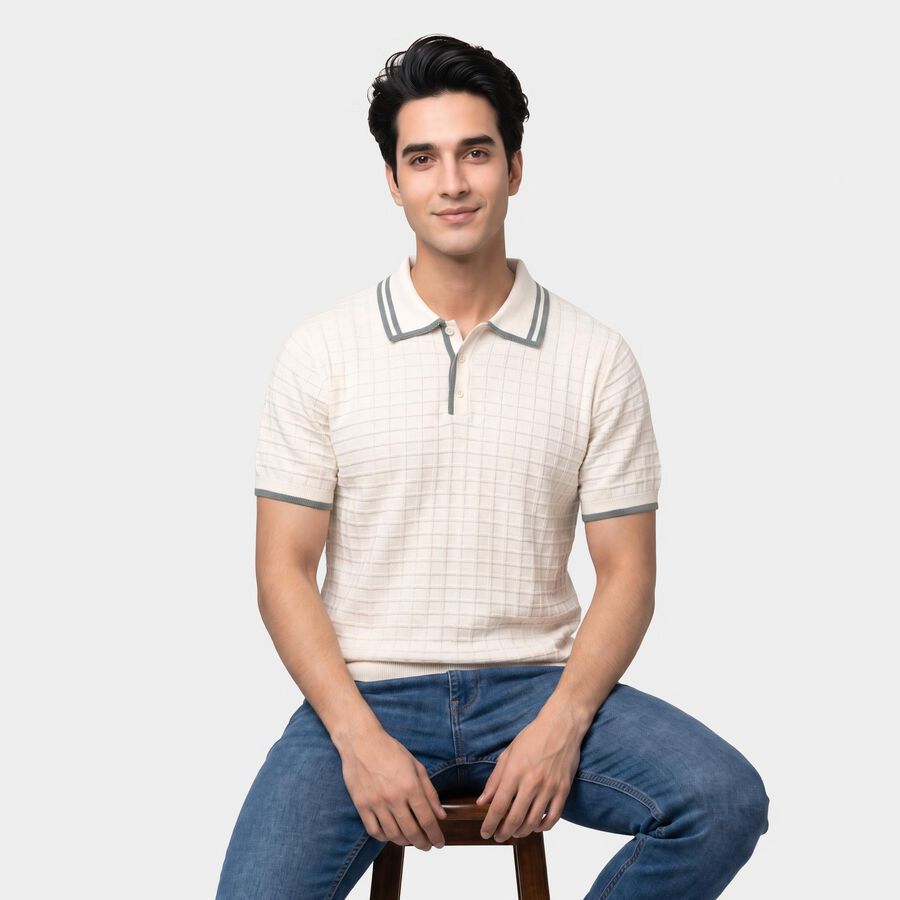 Men's Off White Cotton Polo Neck Polo T-Shirt, ऑफ व्हाइट, large