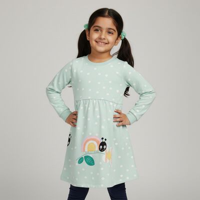 Girls' Mint Green Polka Dot Long Sleeve Frock