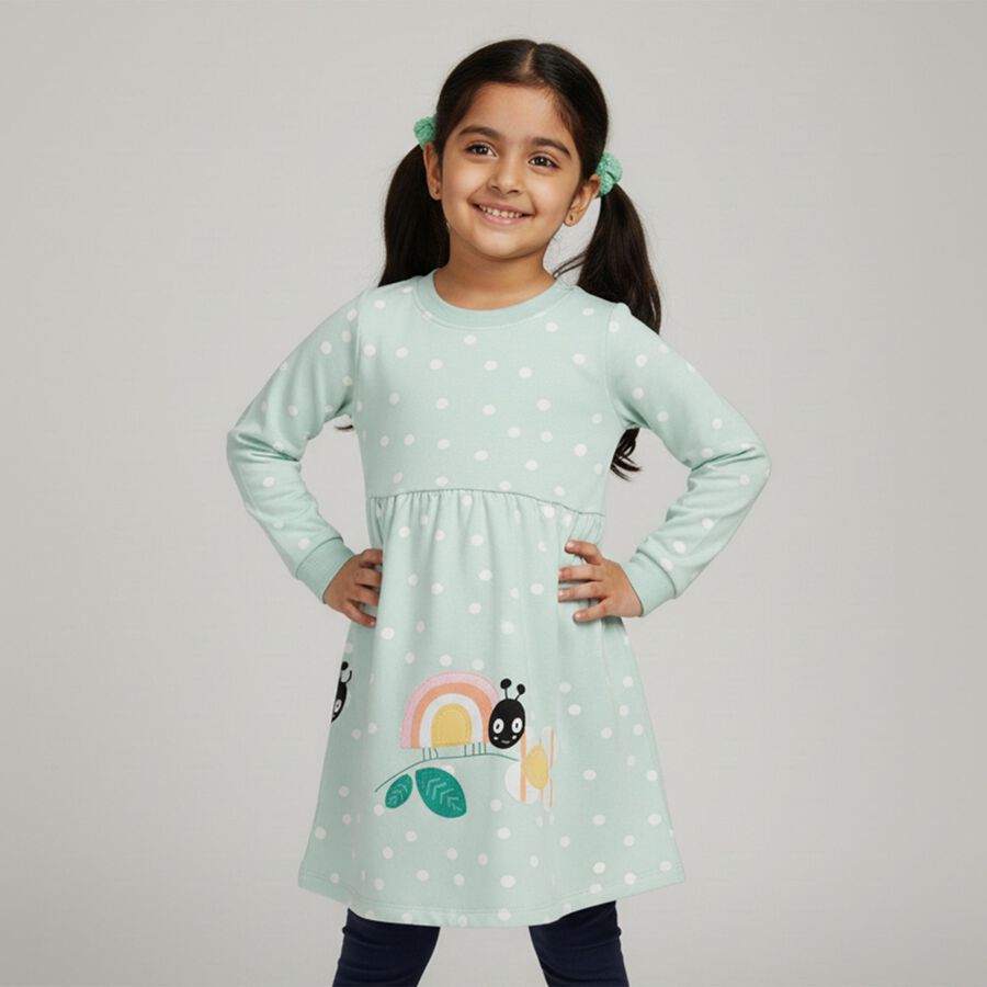 Girls' Mint Green Polka Dot Long Sleeve Frock, हल्का हरा, large image number null