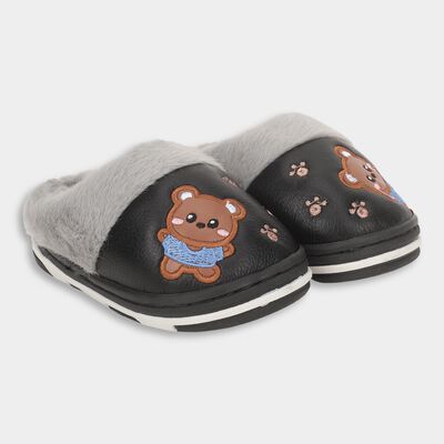 Kids Jet Black and Light Grey Fur Lined Slip-On Winter Slippers