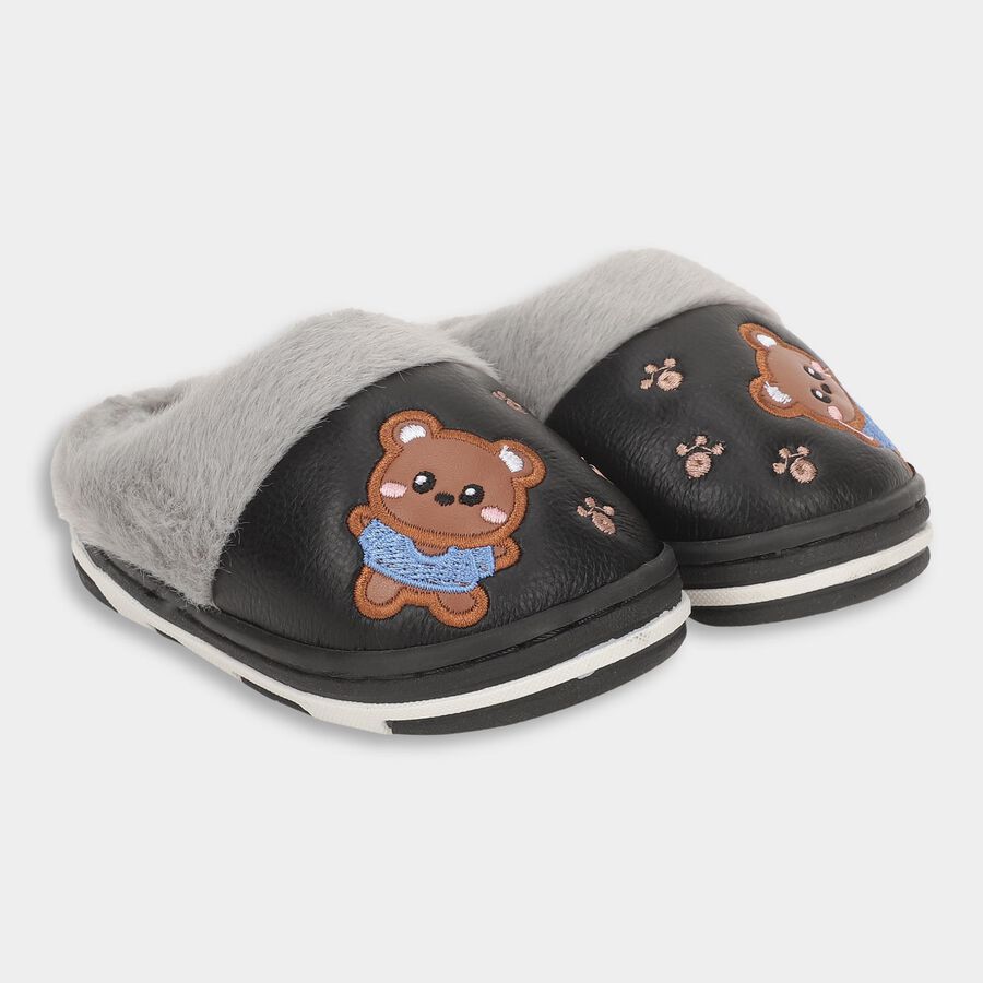 Kids Jet Black and Light Grey Fur Lined Slip-On Winter Slippers, काला, large image number null