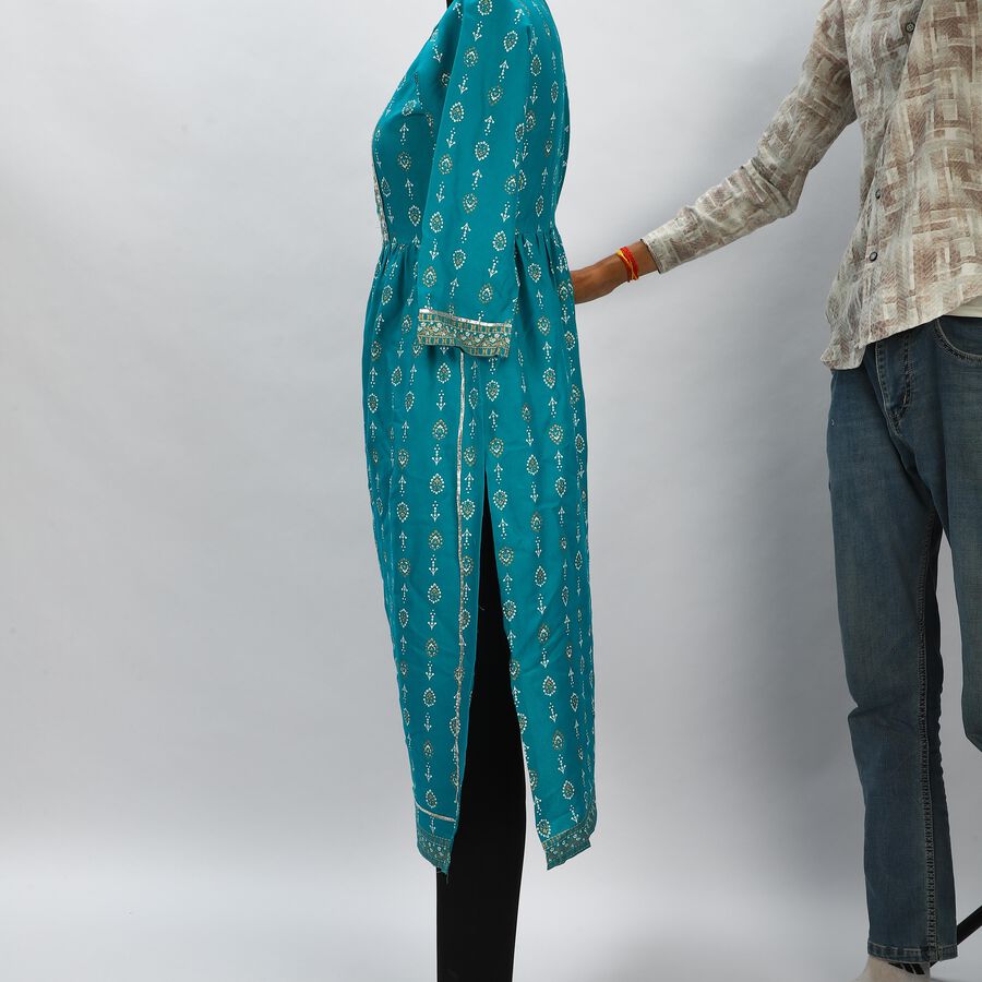 Women's Light Blue Round Neck Printed Flared Kurta, Light Blue, large