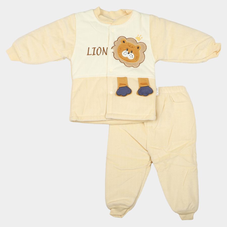 Infants' Beige Round Neck Lion Applique Baba Suit, गहरा पीला, large