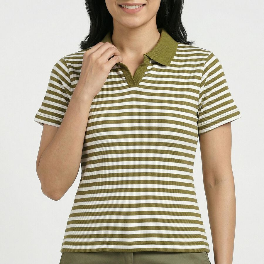 Women Olive Green Polo Neck Preppy Polo T-Shirt, Olive, large