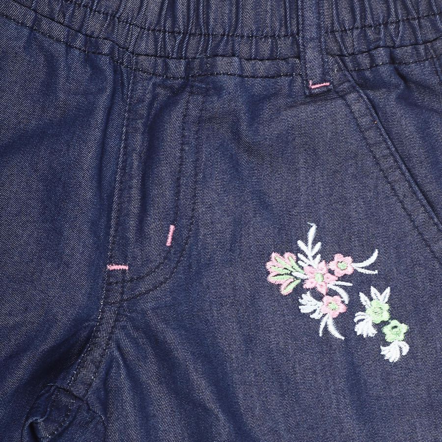 Girls' Deep Indigo Straight Fit Floral Embroidered Jeans, गहरा नीला, large image number null