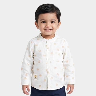 Infants Off White Cotton Long Sleeve Mandarin Collar Shirt