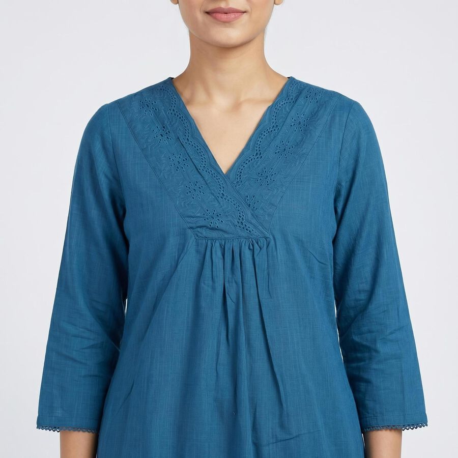 Women's Blue Cotton V-Neck Embroidered Kurta, गहरा नीला, large