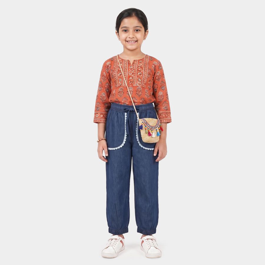 Girls Blue Jogger Fit Lace Trim Jeans, गहरा नीला, large