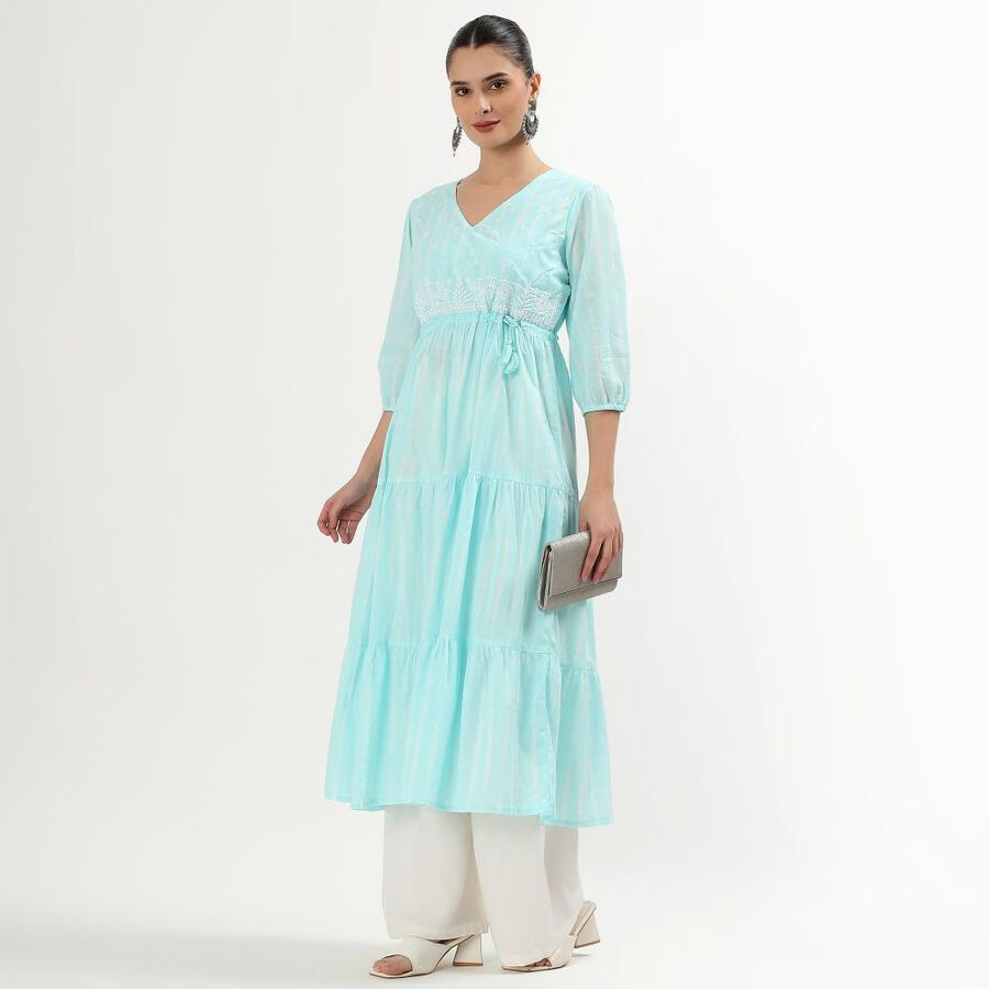 Women's Light Aqua Blue Cotton V-Neck Embroidered Kurta, Light Blue, large image number null