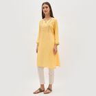 Women's Bright Mustard Yellow Round Neck Embroidered Kurta, Yellow, small