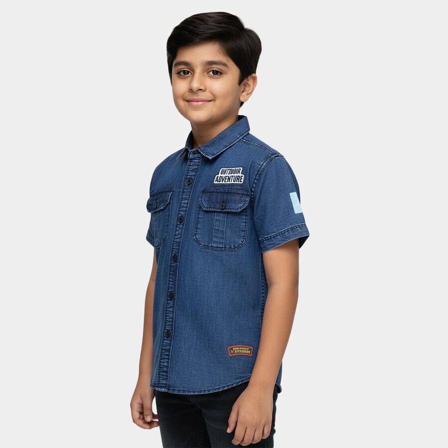 Boys' Navy Blue Classic Collar Casual Shirt, Mid Blue, large