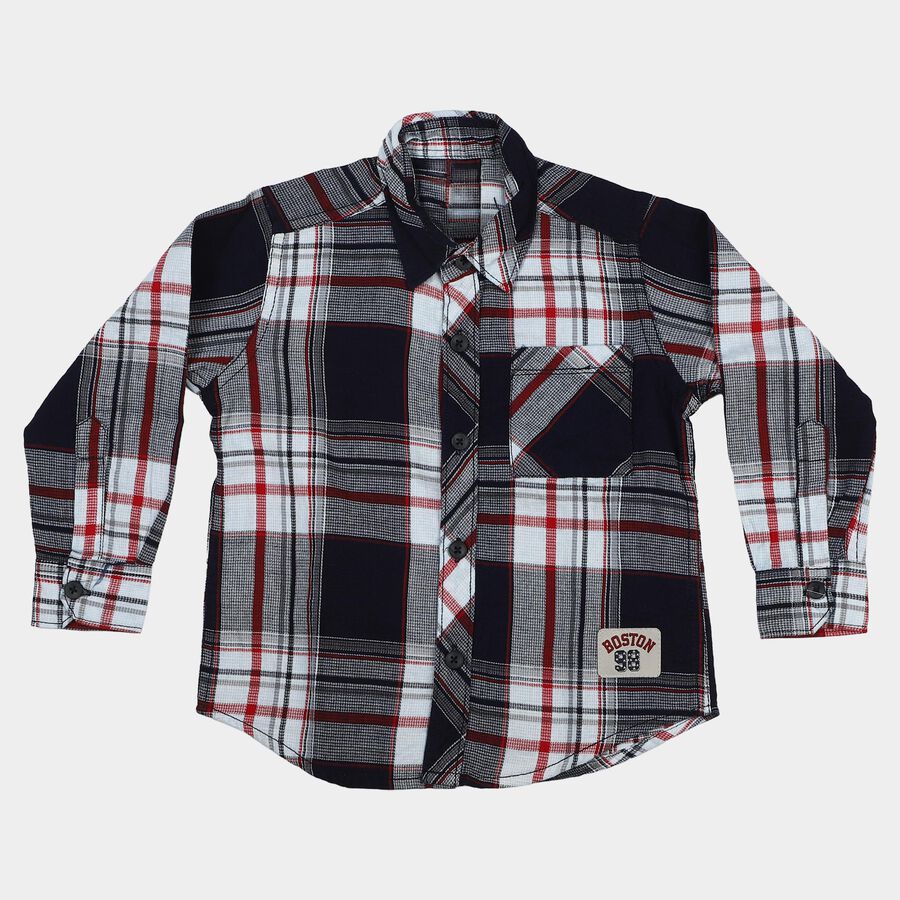 Boys Red Cotton Long Sleeve Collar Neck Shirt, Red, large