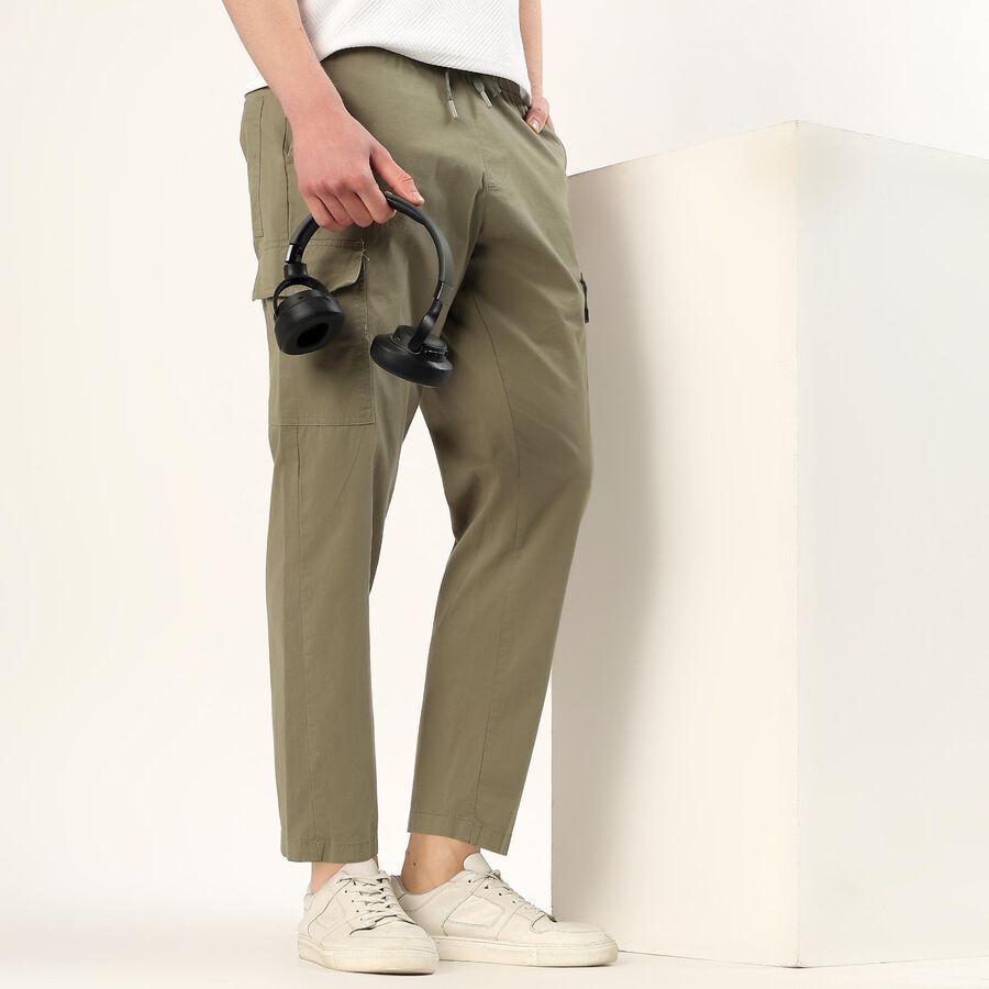 Men's Muted Olive Green Slim Fit Cargo Trousers, Light Green, large