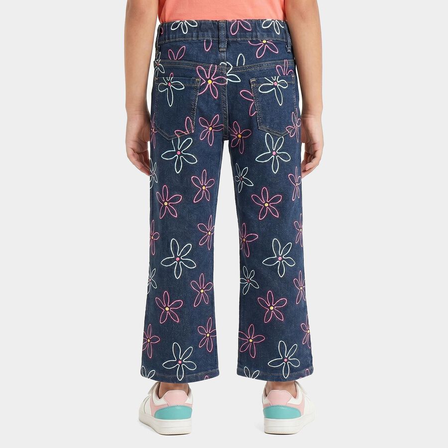 Girls' Navy Blue Straight Fit Printed Jeans, Dark Blue, large