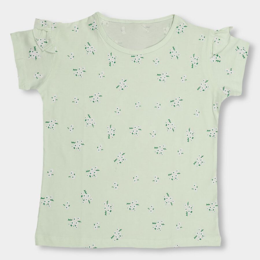 Girls' Light Sage Green Cotton Round Neck Short Sleeve T-Shirt, हल्का हरा, large image number null