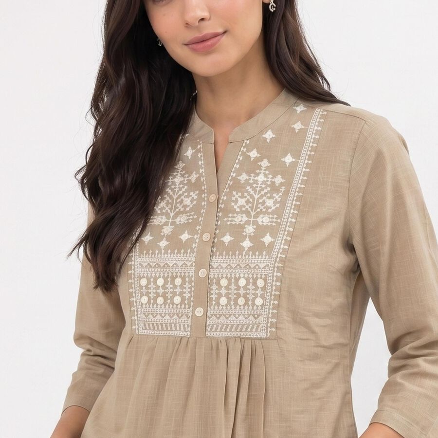 Women's Beige Cotton Mandarin Collar Embroidered Kurti, गहरा पीला, large