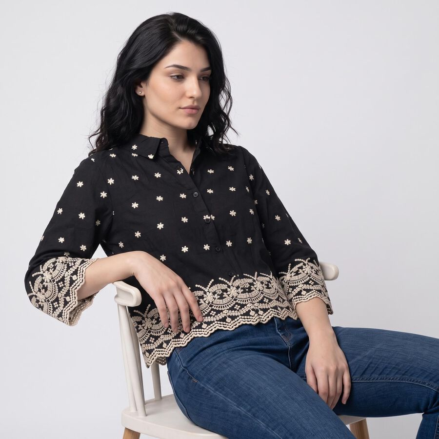 Women's Dark Grey Printed Collar Shirt, Dark Grey, large