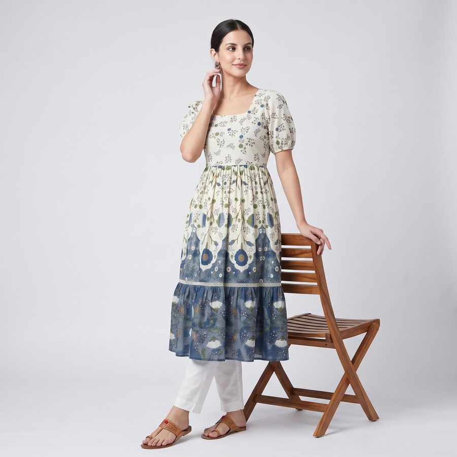Women's Cream Cotton Square Neck Floral Printed Kurti, Off White, large