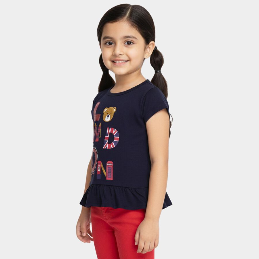Girls' Navy Blue Cotton Round Neck Graphic Printed T-Shirt, नेवी ब्लू, large