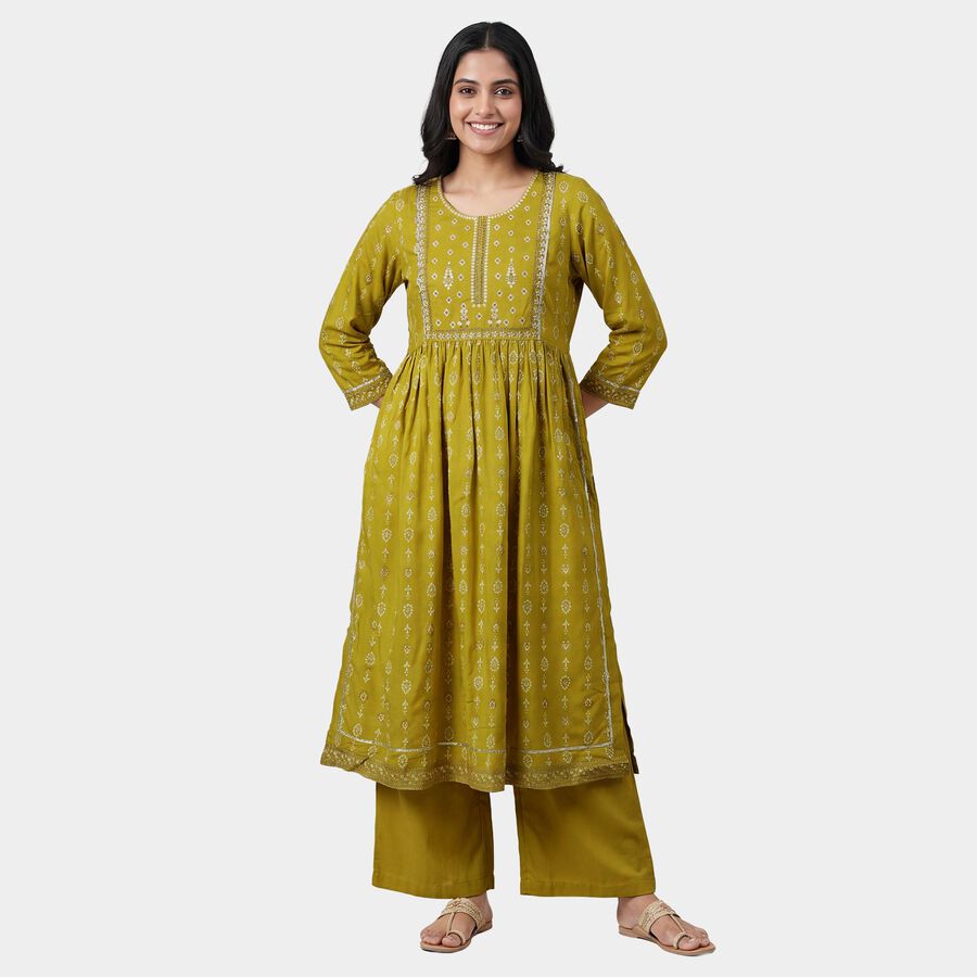 Women's Green Notch Neck Floral Printed Straight Kurta, Light Green, large