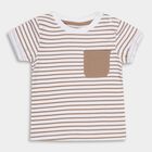 Infants' Beige Cotton Round Neck Striped Baba Suit, Beige, small