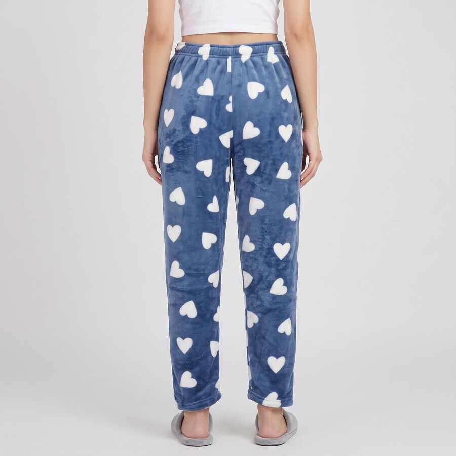 Women's Blue Straight Fit Heart Printed Lounge Pyjama, गहरा नीला, large