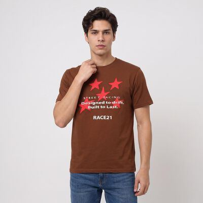 Men's Brown Round Neck Regular Graphic Print T-Shirt