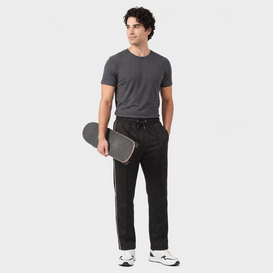 Men's Black Straight Fit Side-Striped Track Pants, Black, large