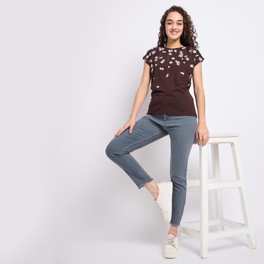 Ladies' Round Neck T-Shirt, भूरा, large