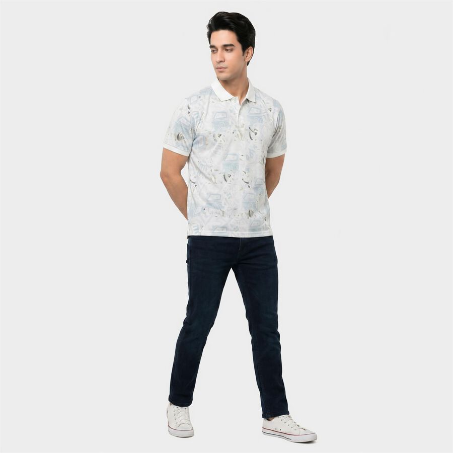 Men's White Cotton Polo Neck Printed T-Shirt, सफ़ेद, large