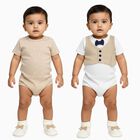 Infants' Light Beige and White Cotton Round Neck Classic Bodysuit Set, गहरा पीला, small image number null