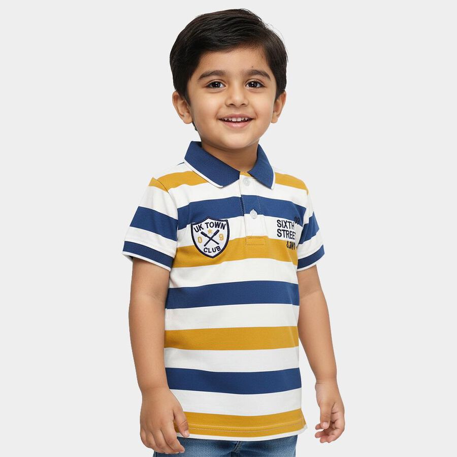 Boys' Mustard Yellow and Navy Blue Polo Neck Striped T-Shirt, पीला, large