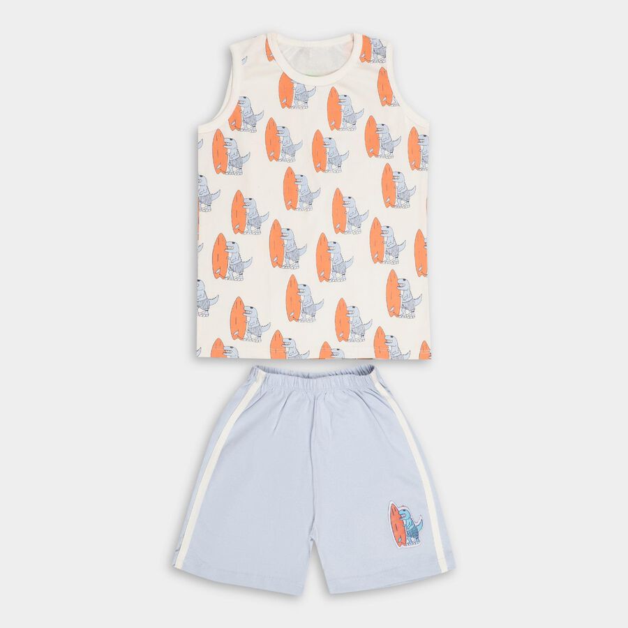 Boys' Off White Cotton Round Neck Printed Baba Suit, Off White, large image number null