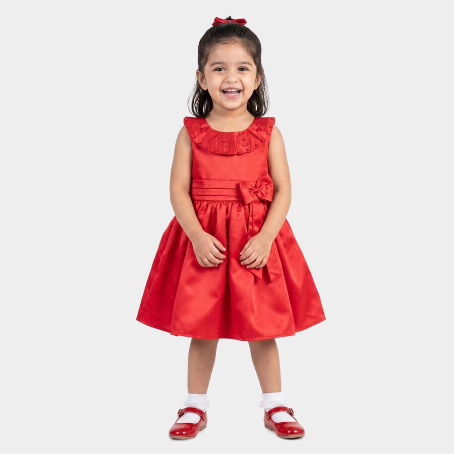 Girls' Red Fit and Flare Embellished Bow Party Wear Frock, Red, large