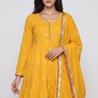 Women's Yellow Cotton Round Neck Mirror Embellished Flared Ethnic Set, पीला, small