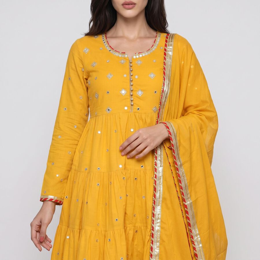 Women's Yellow Cotton Round Neck Mirror Embellished Flared Ethnic Set, पीला, large