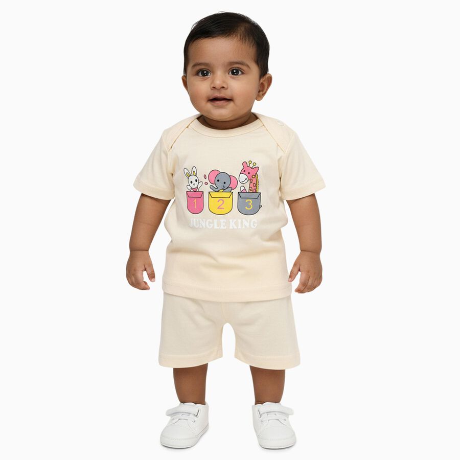 Infants' Beige Cotton Round Neck Graphic Baba Suit, Beige, large