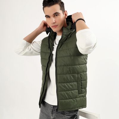 Men's Olive High Neck Sleeveless Puffer Jacket