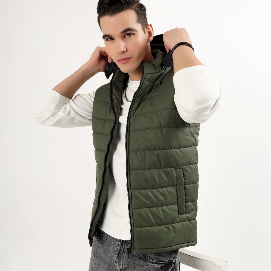 Men's Olive High Neck Sleeveless Puffer Jacket, ओलिव, large image number null
