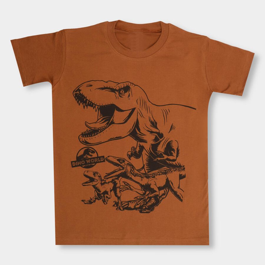 Boys' Burnt Sienna Brown Round Neck Half Sleeves T-Shirt, भूरा, large image number null